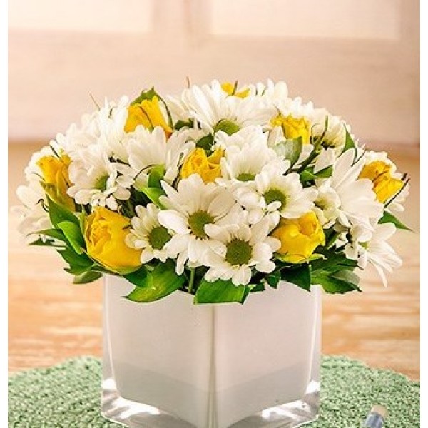 Yellow Roses and Sprays in White Vase